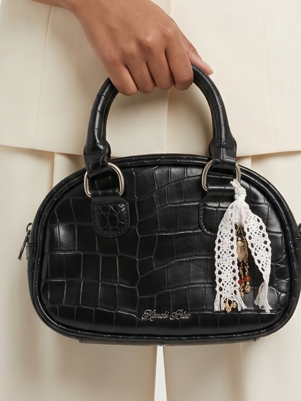 Black Croc-Embossed Top-Handle Bag
